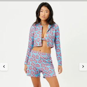 Frankie’s Bikinis Cheri Terry Cardigan Sweater Hawaiian Floral Print